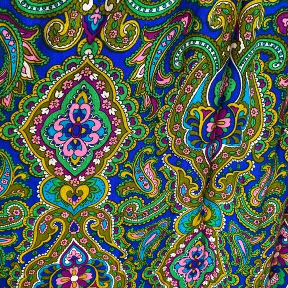 70s Vintage Psychedelic Paisley Dress Midi Short Sleeve Bright Green Pattern - Picture 2 of 7